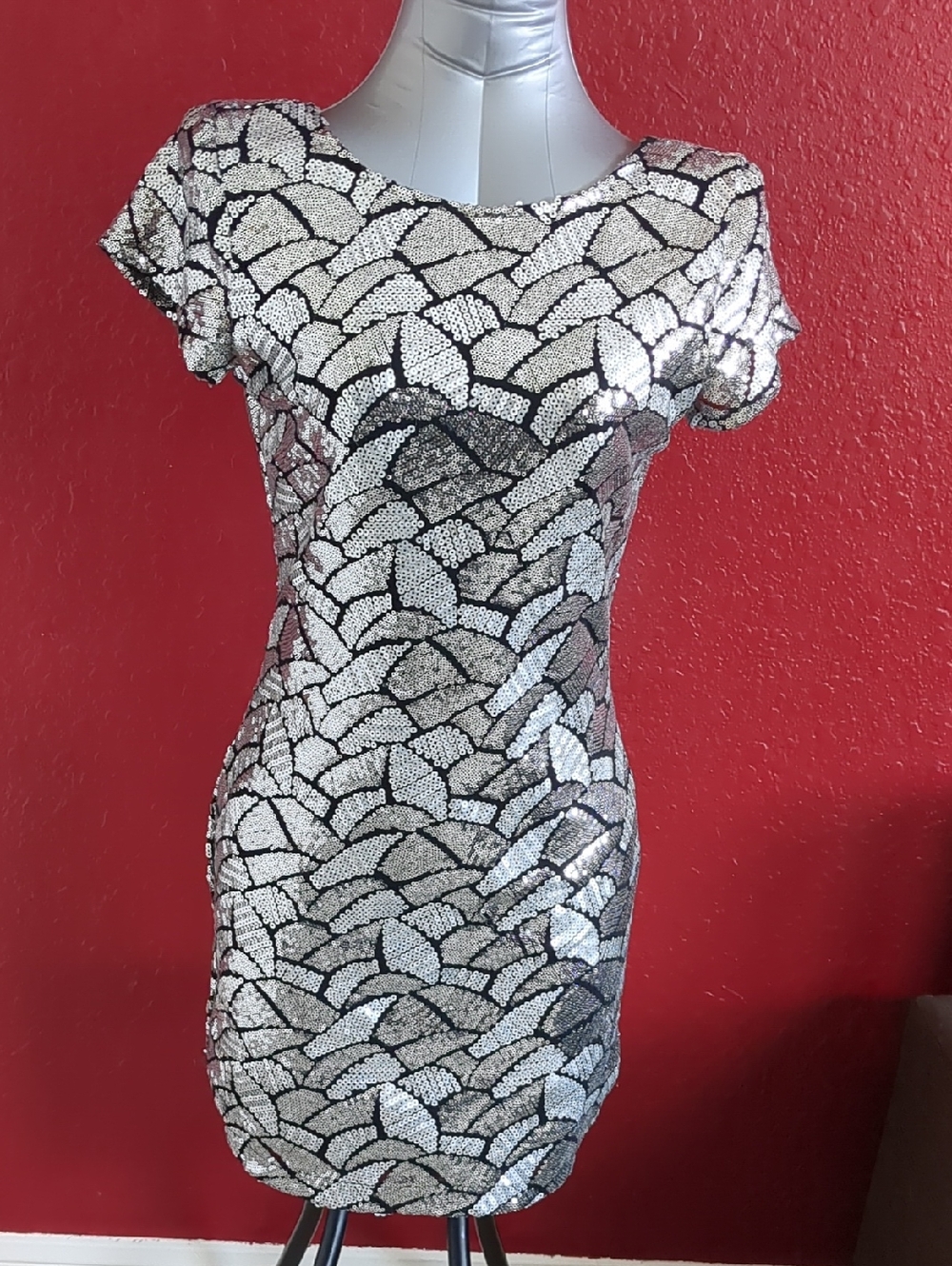 Rubber Ducky  Silver & Black Sequin Open Back Short Sleeve Badycon Mini Dress